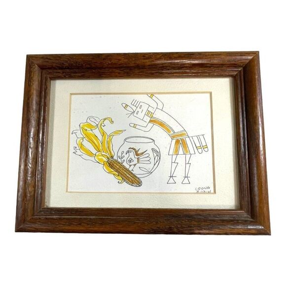 Kachina Corn Maiden Native American Framed Matted Drawing Ar Signed Leona Rubin